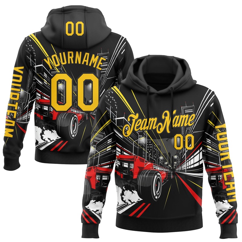 Custom Black Yellow Red-White 3D Pattern Design Formula Auto Car Racing Motorsport Sports Pullover Sweatshirt Hoodie