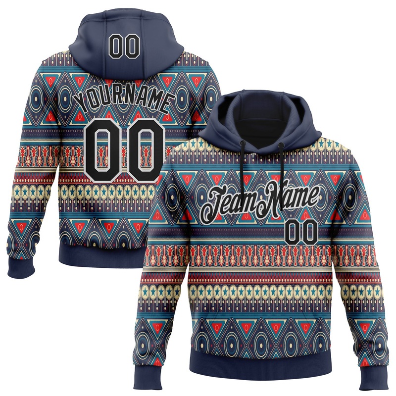Custom Stitched Navy Black-White 3D Pattern Design Tribal Ethnic Native American Sports Pullover Sweatshirt Hoodie