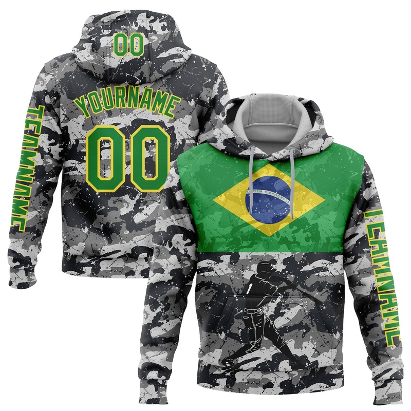Custom Camo Grass Green-Yellow 3D Brasil Brazilian Flag Sports Pullover Sweatshirt Salute To Service Hoodie