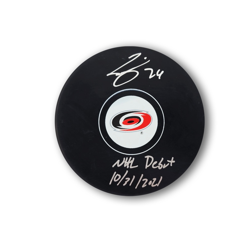 Seth Jarvis Autographed Carolina Hurricanes Hockey Puck Inscribed NHL Debut
