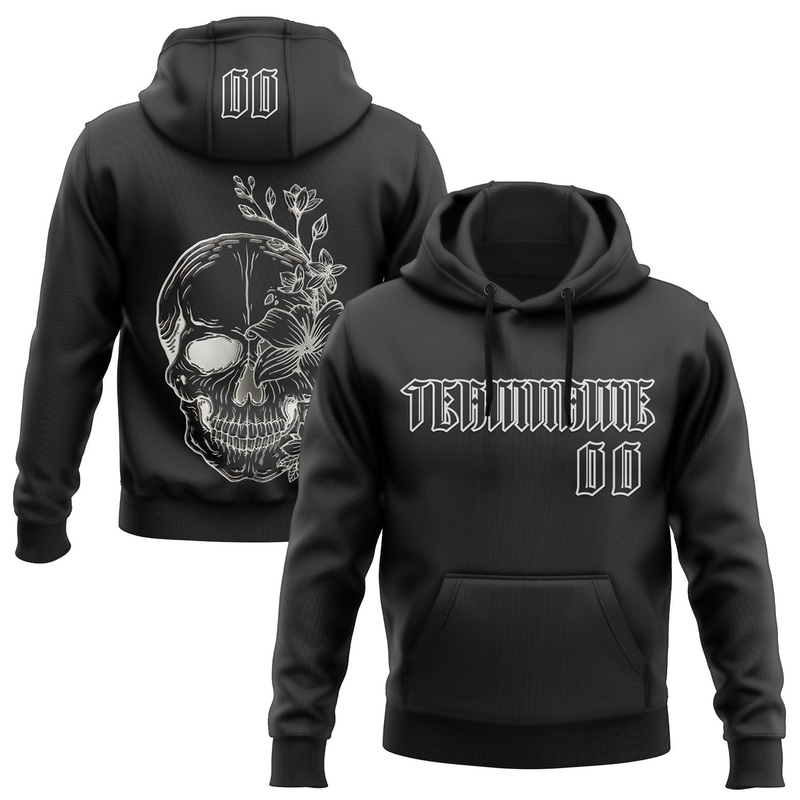 Custom Black White 3D Skull Gothic Floral Sports Pullover Sweatshirt Hoodie