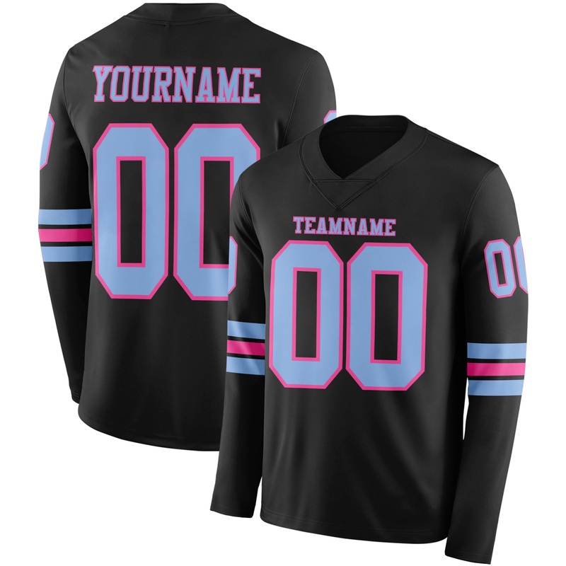 Custom Black Light Blue-Pink Long Sleeve Authentic Football Jersey