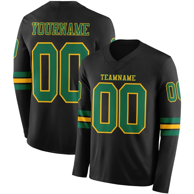 Custom Black Kelly Green-Gold Long Sleeve Authentic Football Jersey