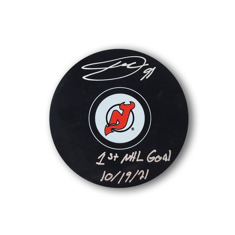 Dawson Mercer Autographed New Jersey Devils Hockey Puck Inscribed 1st Goal