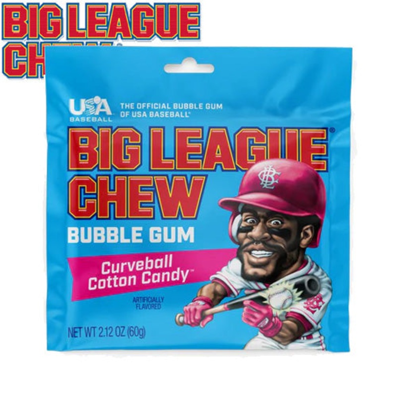 Big League Chew Single Pack|Curveball Cotton Candy|Ground Ball Grape|Outta’ Here Original|Big Rally Blue Raspberry|Swingin’ Sour Apple|Slammin’ Strawberry|Wild Pitch Watermelon