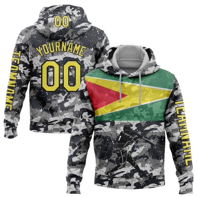 Custom Camo Light Yellow-Black 3D Guyana Flag Sports Pullover Sweatshirt Salute To Service Hoodie