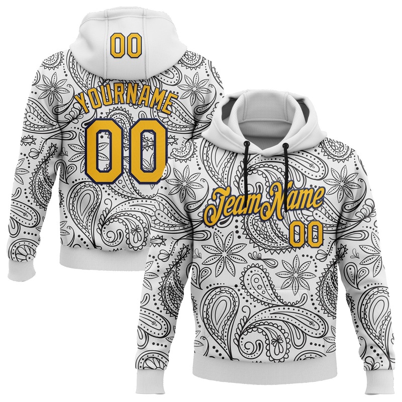 Custom Stitched White Gold-Navy 3D Pattern Design Ethnic Paisley Floral Bandana Sports Pullover Sweatshirt Hoodie