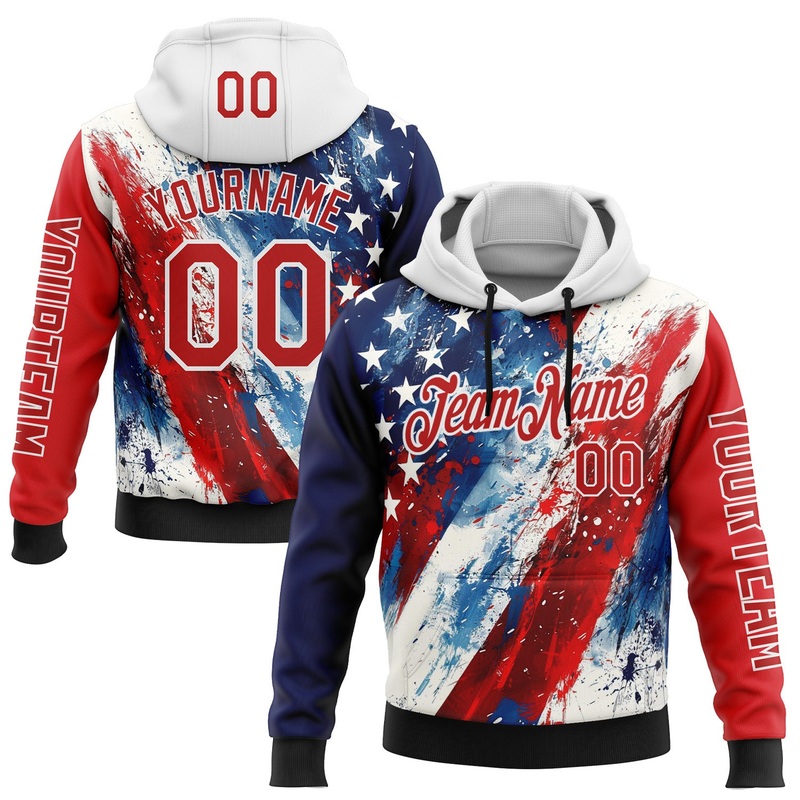 Custom Red Blue Black-White 3D American Flag Sports Pullover Sweatshirt Hoodie