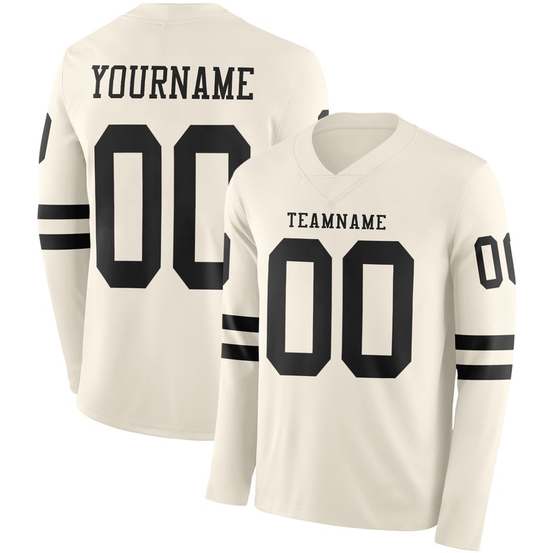 Custom Cream Black Long Sleeve Authentic Football Jersey