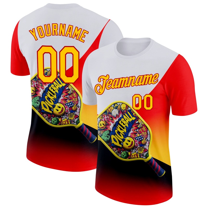 Custom White Yellow-Red 3D Graffiti Pickleball Paddles Balls Performance T-Shirt