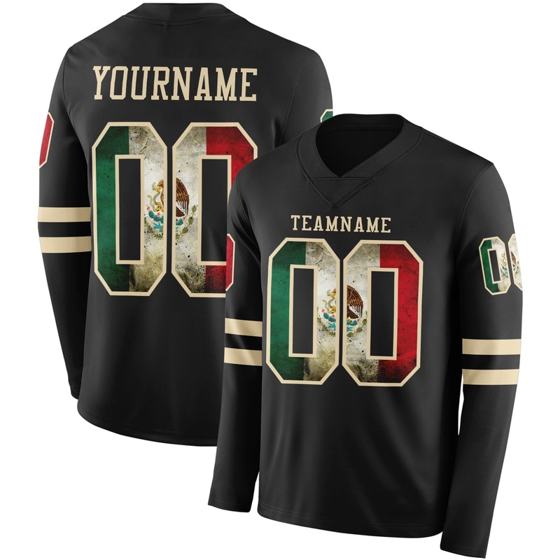 Custom Black Vintage Mexican Flag-Cream Long Sleeve Authentic Football Jersey