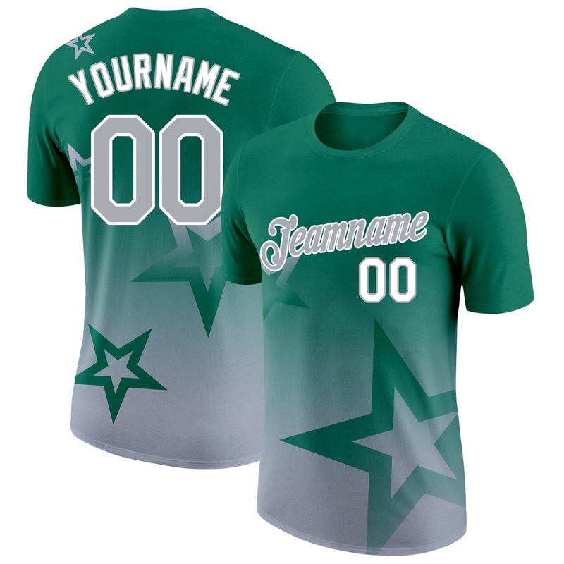 Custom Kelly Green Gray-White 3D Pattern Design Gradient Style Twinkle Star Performance T-Shirt