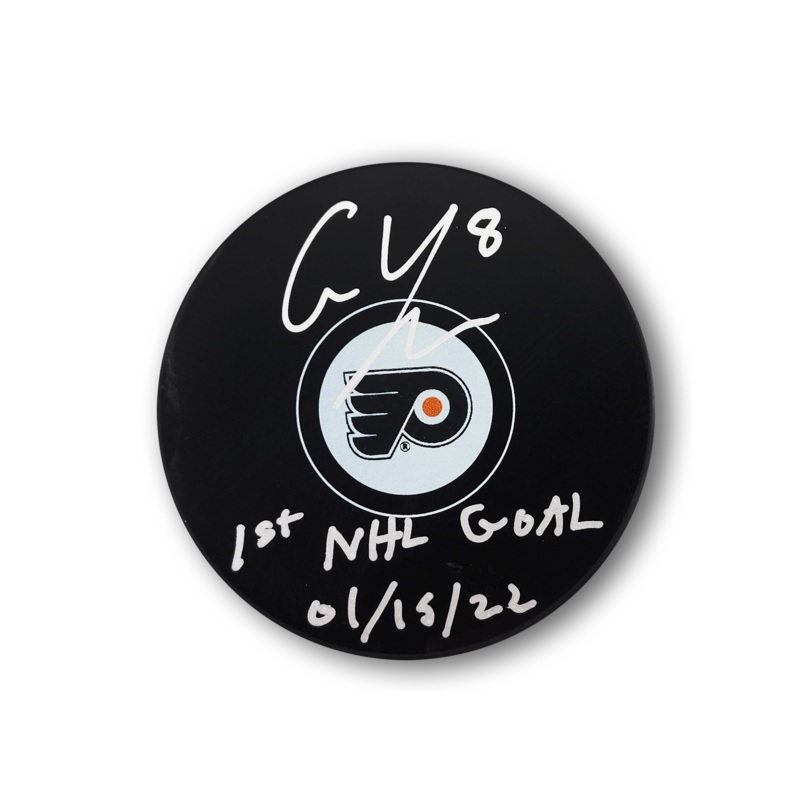 Cam York Autographed Philadelphia Flyers Hockey Puck Inscribed 1st NHL Goal