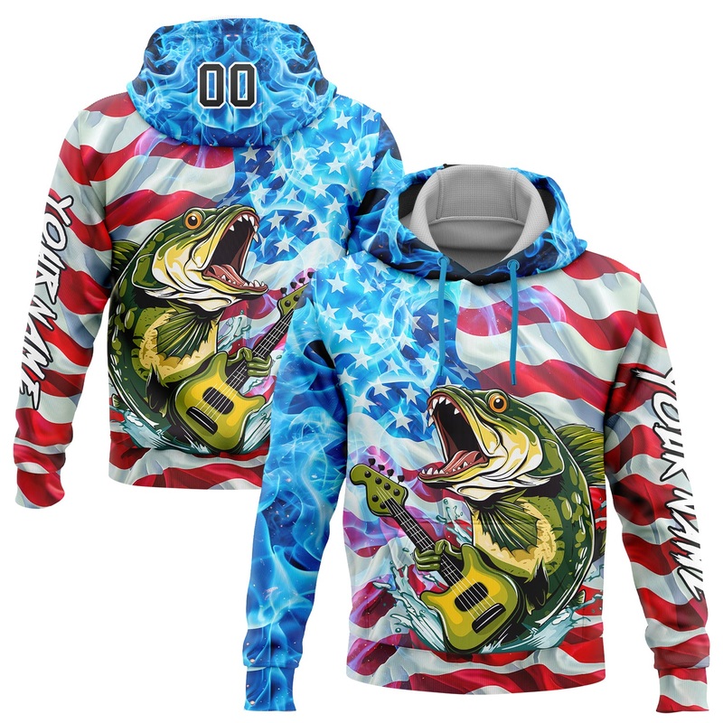 Custom Sky Blue Black-Red 3D American Flag And Largemouth Bass Fish Fishing Sports Pullover Sweatshirt Hoodie