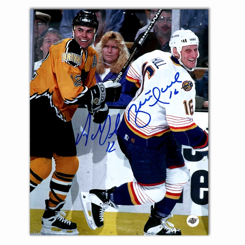 Brett Hull and Adam Oates Autographed St. Louis Blues vs Boston Bruins 8×10 Photo