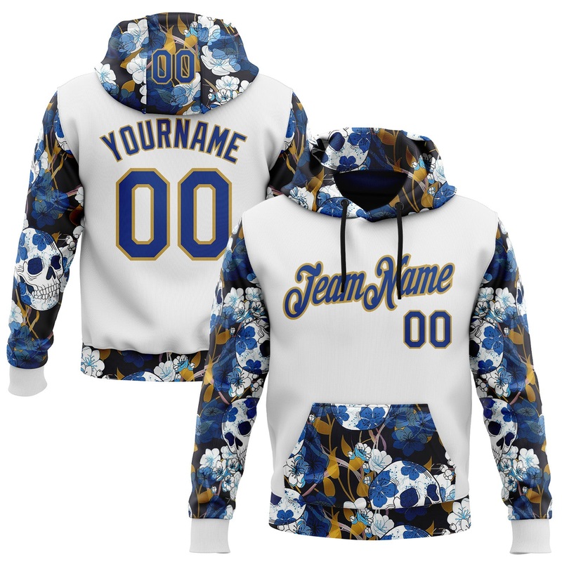 Custom White Royal-Old Gold 3D Skull Floral Sports Pullover Sweatshirt Hoodie