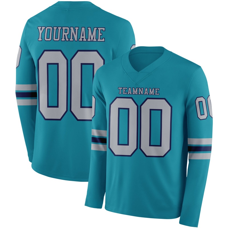 Custom Teal Gray-Navy Long Sleeve Authentic Football Jersey