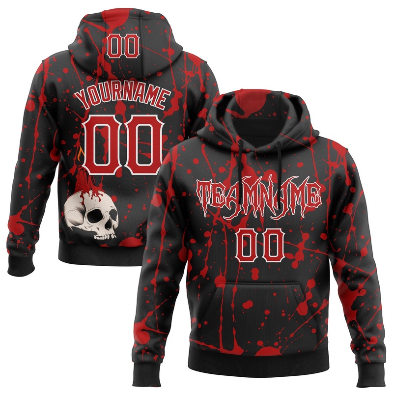 Custom Black Red-White 3D Halloween Skull Party Costume Ideas Sports Pullover Sweatshirt Hoodie