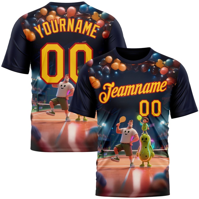 Custom Navy Yellow-Red 3D Happy Family Pickleball Paddles Balls Performance T-Shirt
