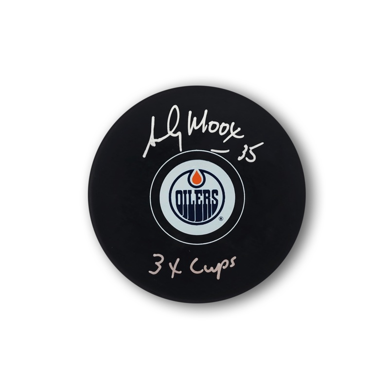Andy Moog Autographed Edmonton Oilers Hockey Puck 3x Cups
