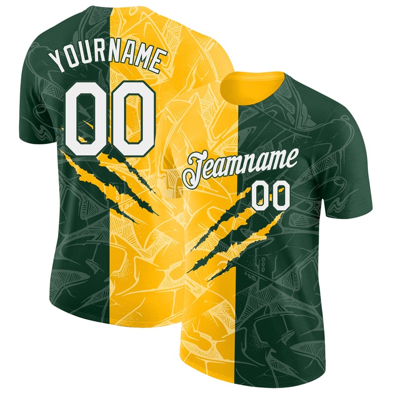 Custom Graffiti Pattern White Green-Gold Scratch 3D Performance T-Shirt