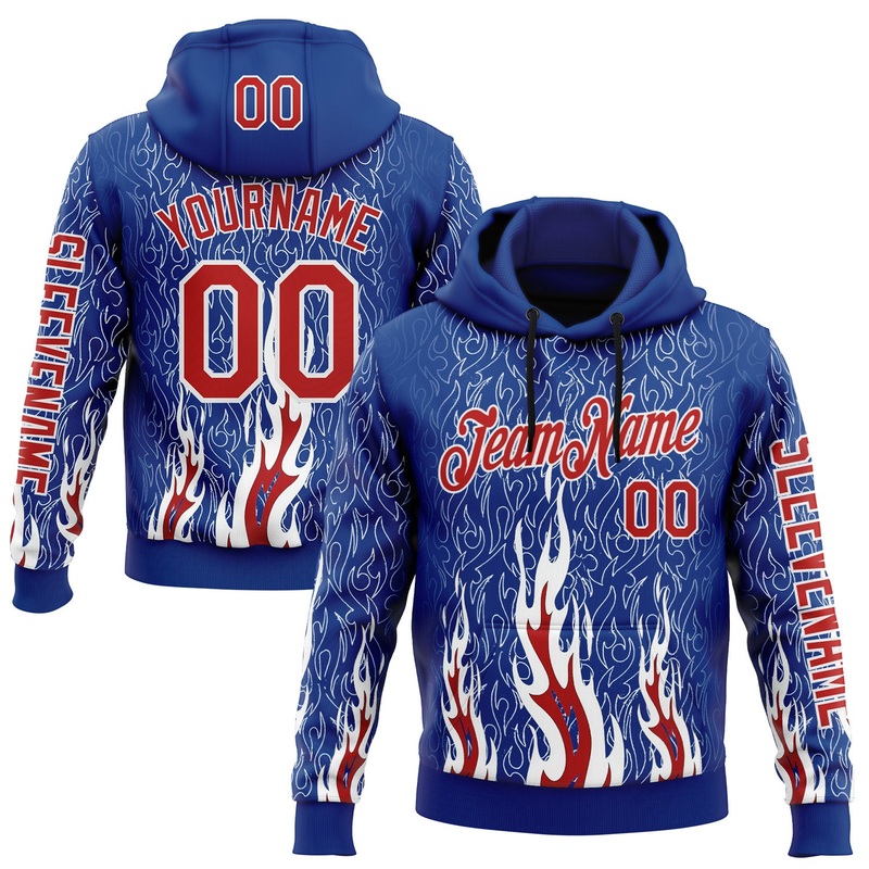 Custom Royal Red-White 3D Abstract Flame Sports Pullover Sweatshirt Hoodie