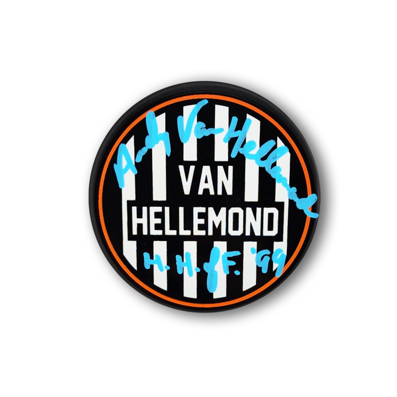 Andy Van Hellemond Autographed NHL Official Referee Hockey Puck (Stripes)