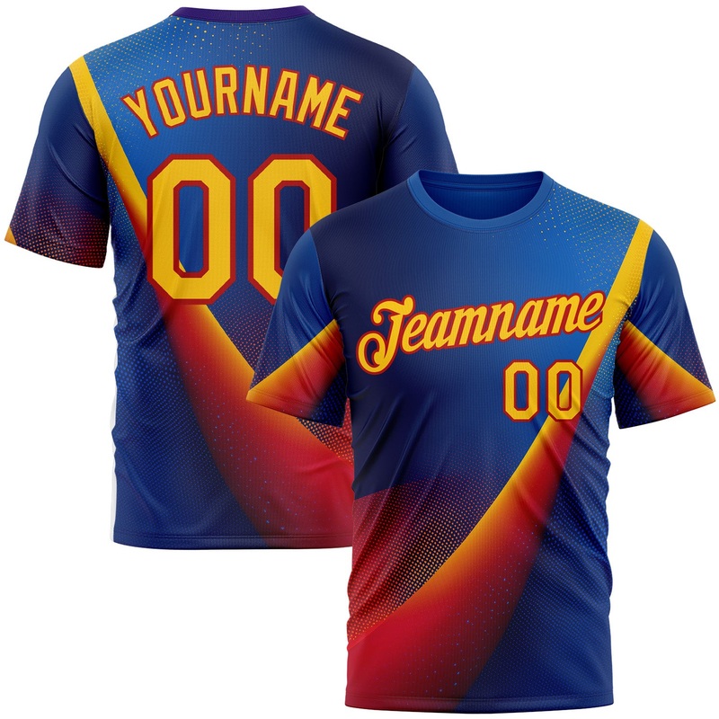 Custom Blue Yellow-Red 3D Pattern Design Romania Colombia Sportswear Performance T-Shirt