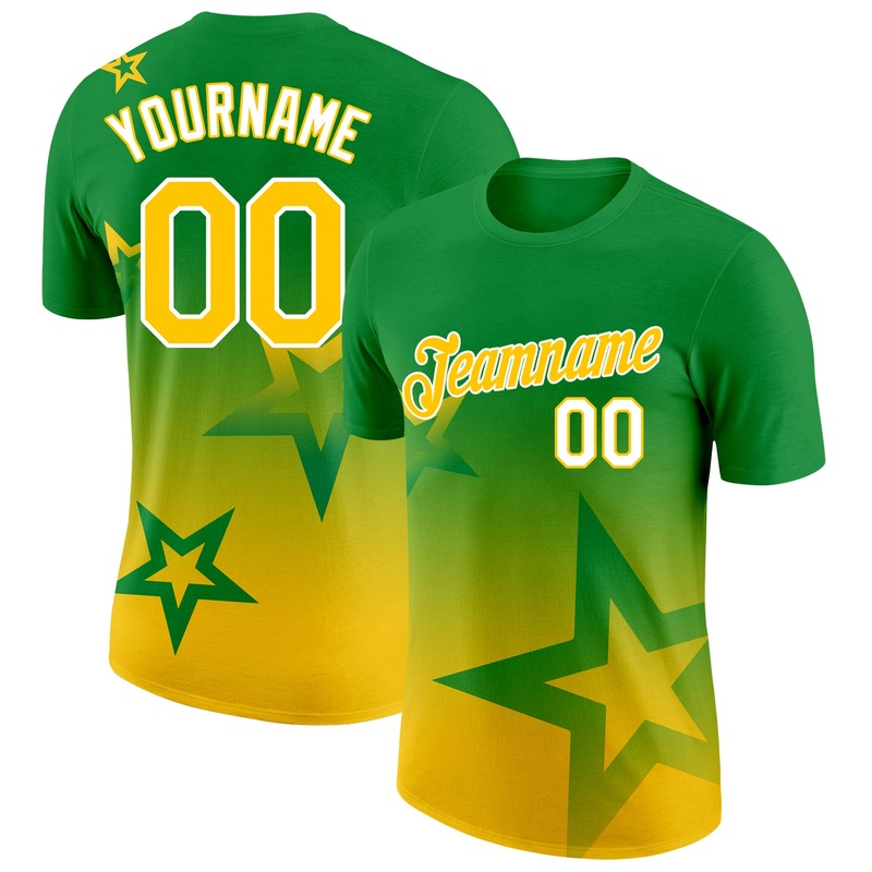 Custom Grass Green Yellow-White 3D Pattern Design Gradient Style Twinkle Star Performance T-Shirt