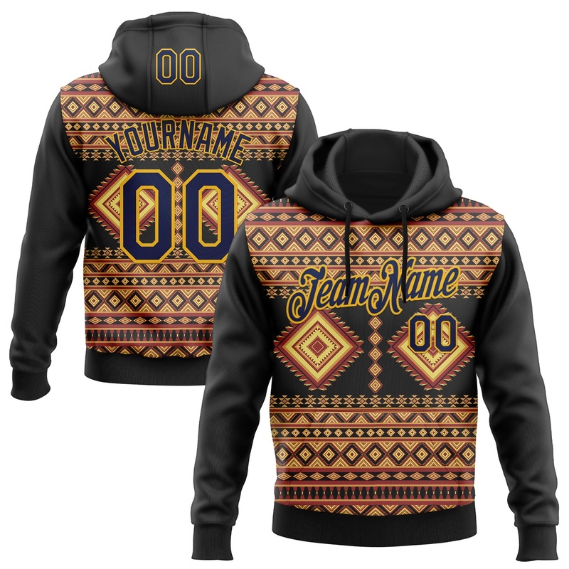 Custom Stitched Black Navy-Gold 3D Pattern Design Tribal Ethnic Native American Sports Pullover Sweatshirt Hoodie