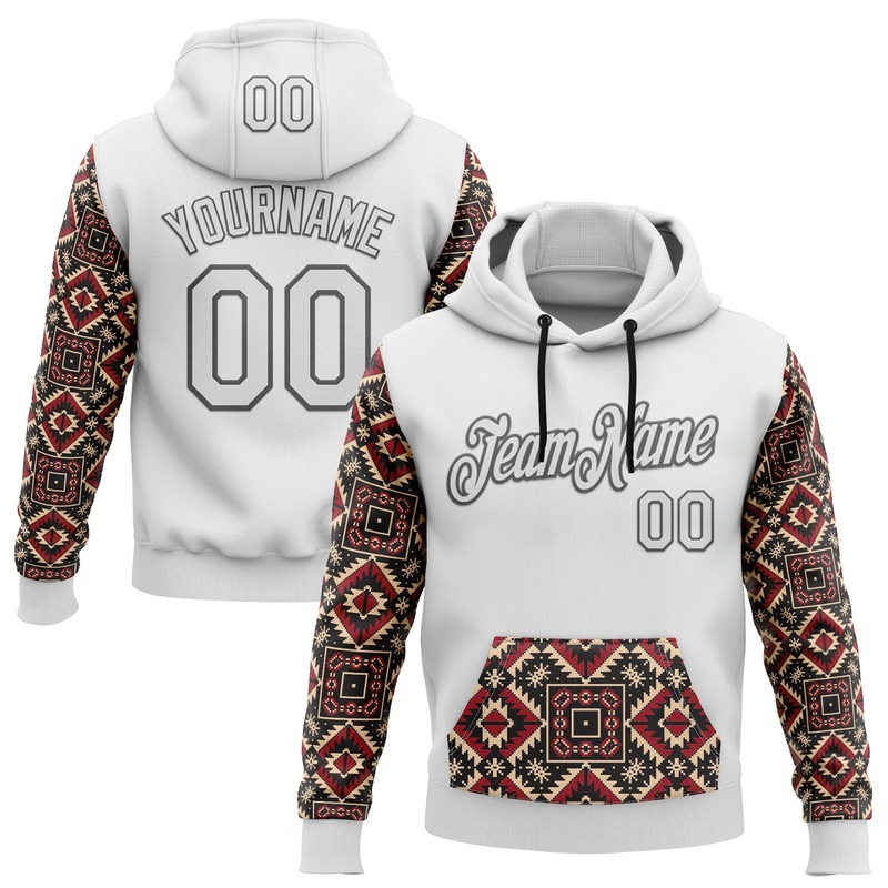 Custom Stitched White Steel Gray 3D Pattern Design Tribal Ethnic Native American Sports Pullover Sweatshirt Hoodie