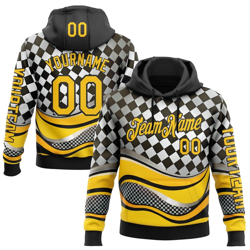 Custom Black Yellow-White 3D Pattern Design Formula Auto Car Racing Motorsport Sports Pullover Sweatshirt Hoodie