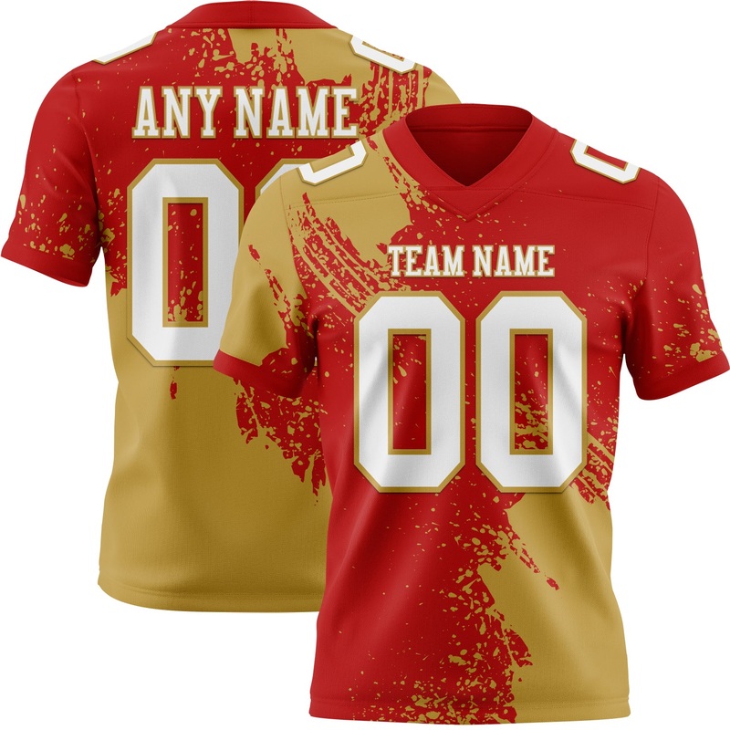 Custom Red White-Old Gold 3D Pattern Abstract Brush Stroke Authentic Football Jersey