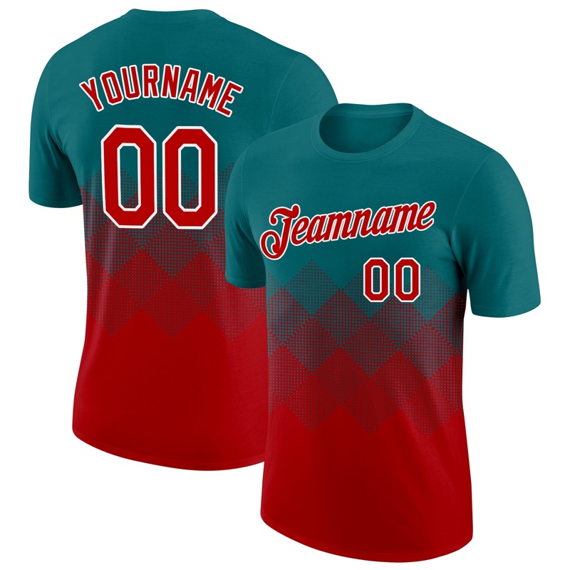 Custom Teal Red-White 3D Pattern Design Gradient Square Shapes Performance T-Shirt