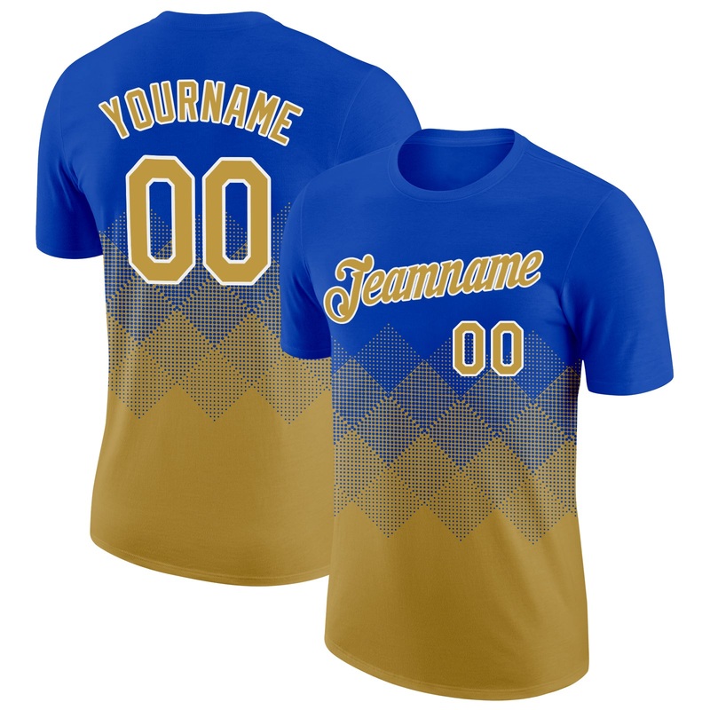 Custom Thunder Blue Old Gold-White 3D Pattern Design Gradient Square Shapes Performance T-Shirt