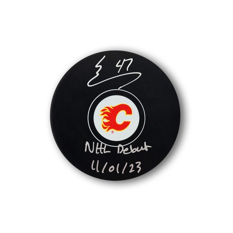 Connor Zary Autographed Calgary Flames Hockey Puck Inscribed NHL Debut