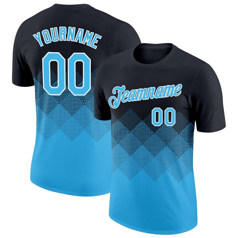 Custom Black Sky Blue-White 3D Pattern Design Gradient Square Shapes Performance T-Shirt