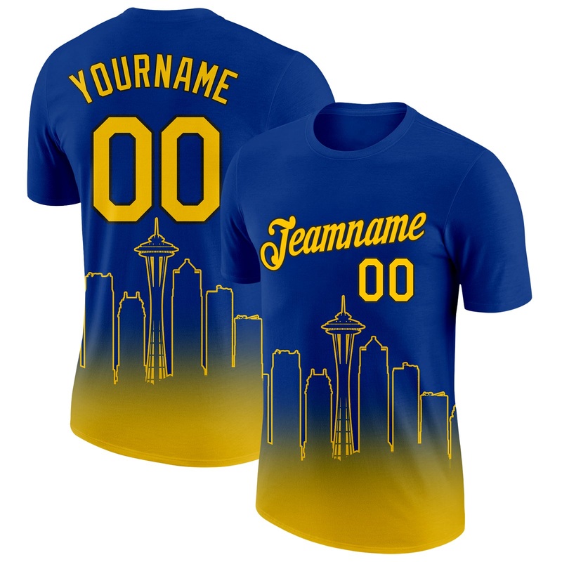 Custom Royal Yellow-Black 3D Seattle City Edition Fade Fashion Performance T-Shirt