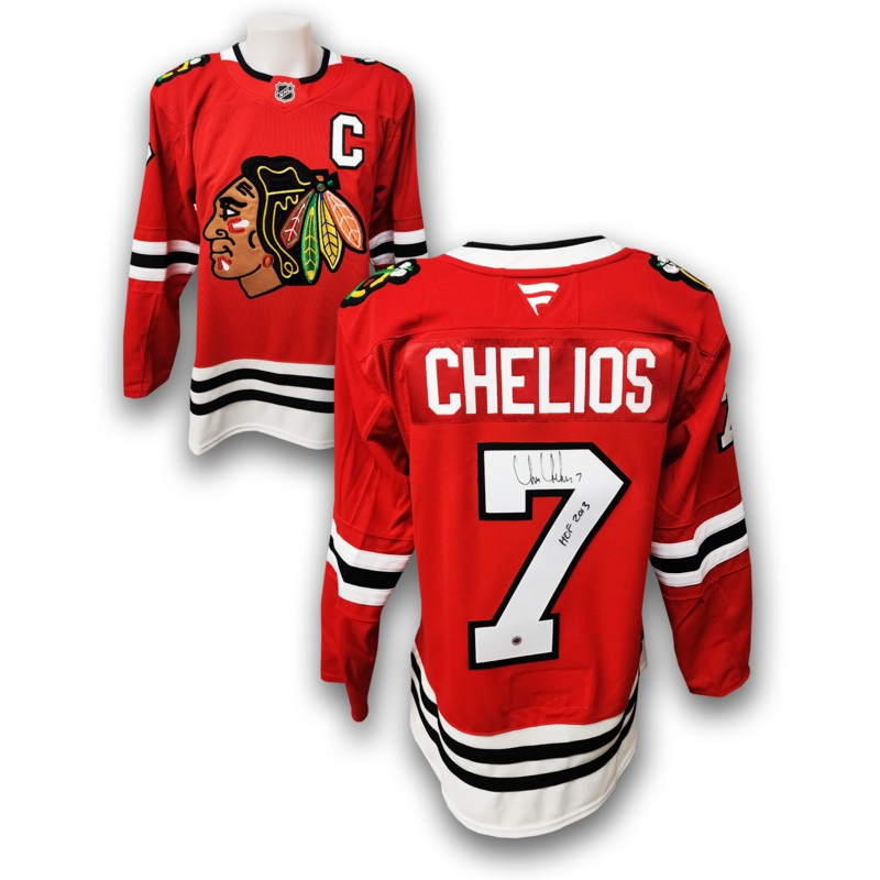 Chris Chelios Autographed Chicago Black Hawks Fanatics Premium Jersey Inscribed HOF
