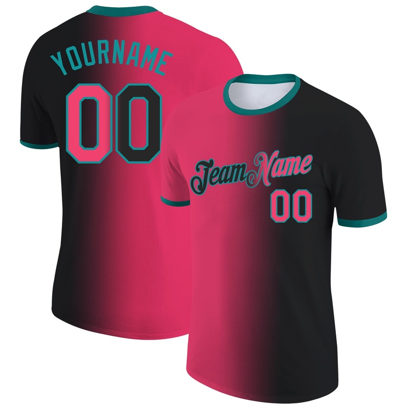 Custom Black Neon Pink-Teal Gradient Fashion Performance T-Shirt