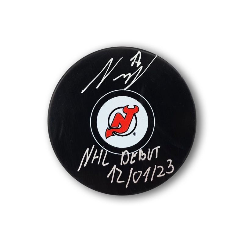 Simon Nemec Autographed New Jersey Devils Hockey Puck Inscribed NHL Debut