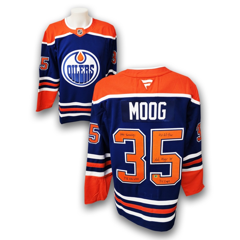 Andy Moog Autographed Edmonton Oilers Fanatics Premium Jersey Career Inscriptions