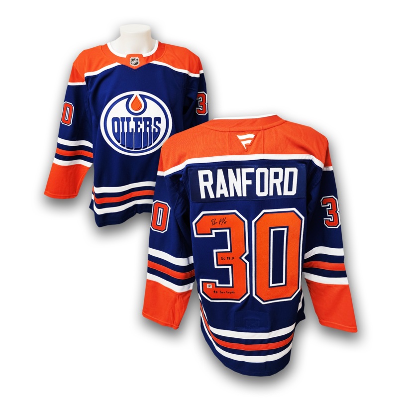Bill Ranford Autographed Edmonton Oilers Fanatics Premium Jersey Career Inscriptions