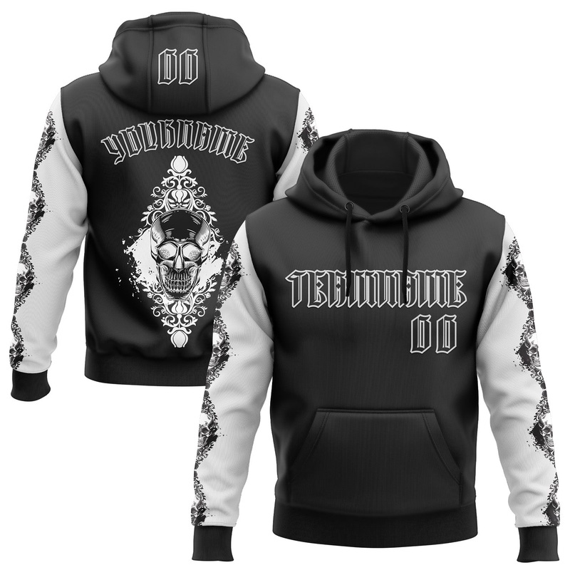 Custom Black White 3D Skull Gothic Floral Pattern Diamond Grid Sports Pullover Sweatshirt Hoodie