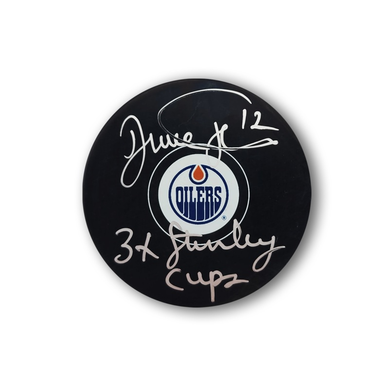 Dave Hunter Autographed Edmonton Oilers Hockey Puck 3x Cup