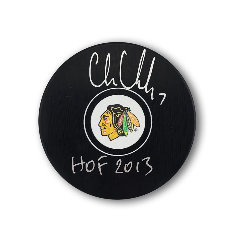 Chris Chelios Autographed Chicago Black Hawks Hockey Puck HOF 2013