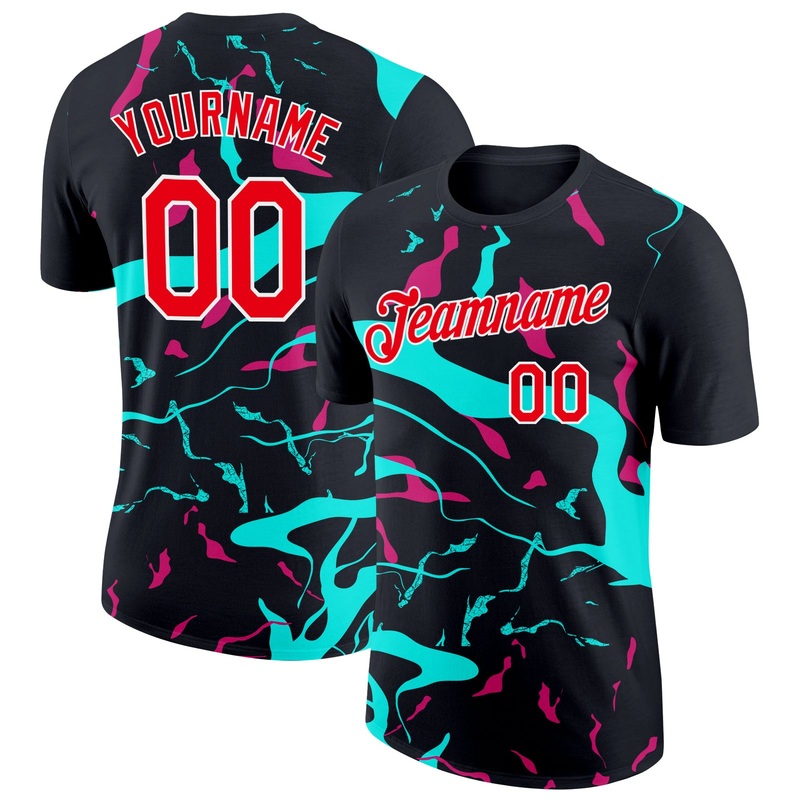 Custom Black Fire Red Ice Blue-Hot Pink 3D Esports Performance T-Shirt
