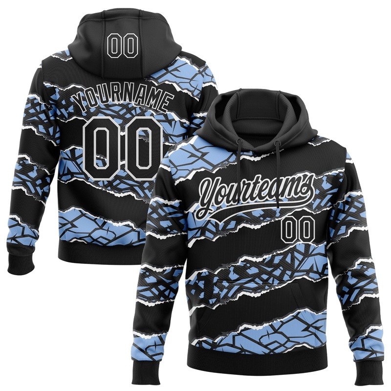 Custom Stitched Black Light Blue-White 3D Pattern Design Torn Paper Style Sports Pullover Sweatshirt Hoodie