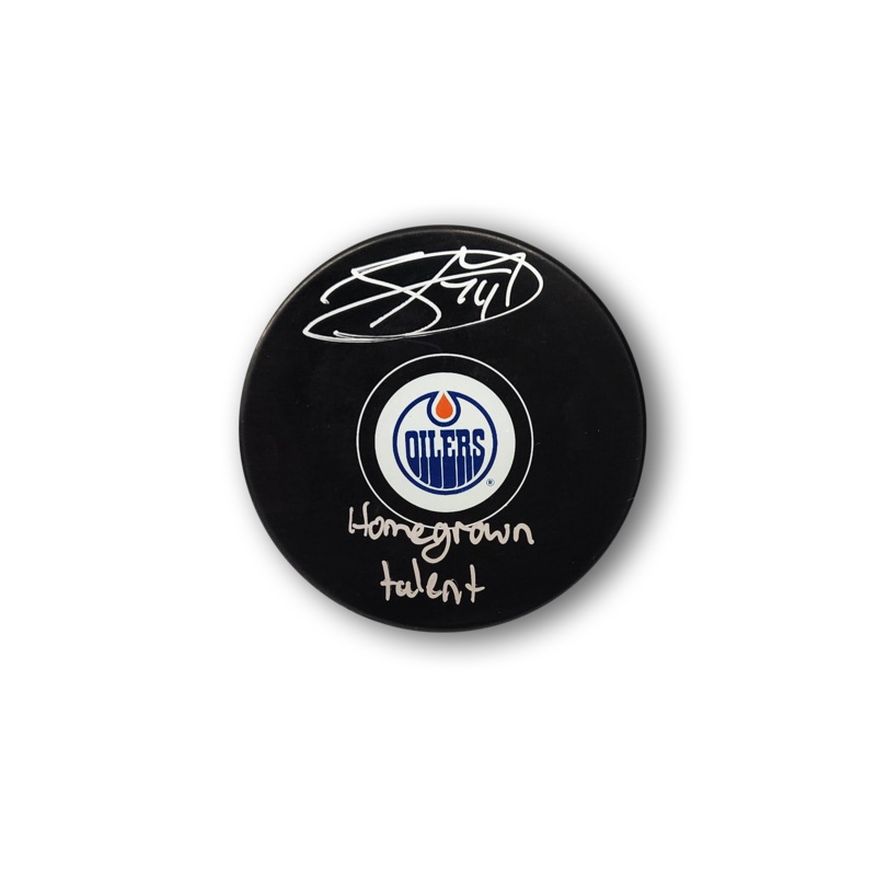 Stuart Skinner Autographed Edmonton Oilers Hockey Puck Inscribed Homegrown Talent