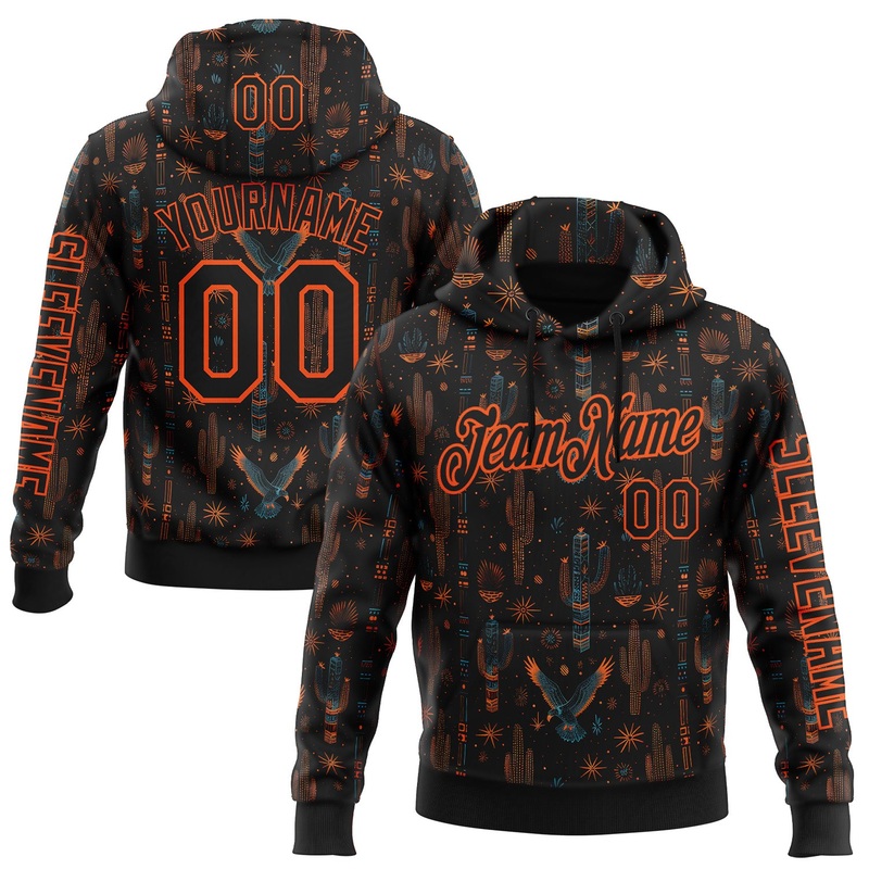 Custom Black Orange 3D Pattern Design Western Cowboy Tribal Ethnic Sports Pullover Sweatshirt Hoodie